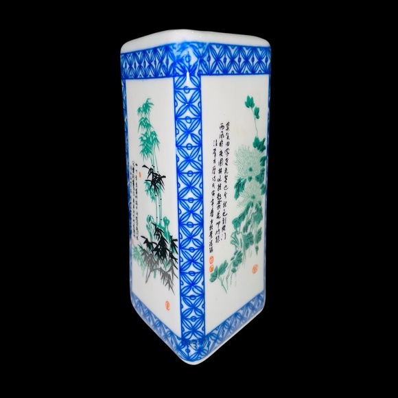 Antique Vintage Chinese Porcelain Brush Pot /Vase with Calligraphy Floral Design - Picture 9 of 13